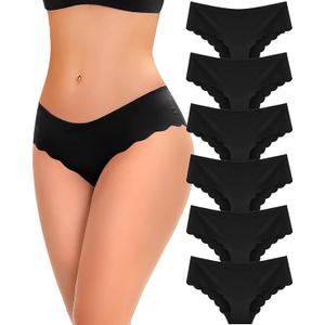 6 pack Seamless Underwear for Women Sexy Low Rise Hipster Wave Edge No Show Bikini Panties Womens Cheeky S-XL (Large, Black)