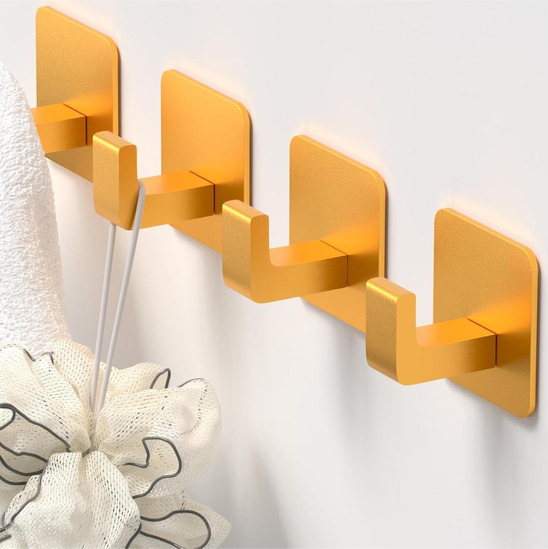 Square Self Adhesive Towel Hooks - 4 Pack Gold Metal Right-Angle Hooks, Grainy Sparkle Finish, Organize Bathroom, Kitchen & Entryway, Hang Towels, Robes & Hats on Smooth Surfaces