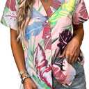 Women Hawaii Shirts: Soft Cool Floral Tropic Print V Neck Summer Tops Short Sleeve Button Up Tops T-Shirt (XL)