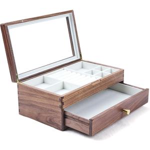 Beexchange Black Walnut Wooden Jewelry Box - Allwood, Handcrafted, Glass Lid 1 drawer. Gift for Women, Men, and Girls. Jewelry Organizer Storage(Double-Layer)