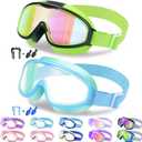 Vvinca Kids Goggles with Comfort Fabric Strap, Kids Swim Goggles Wide View Anti-Fog/UV No Leaking Swimming Goggles for 3-14 (01-green & Blue)