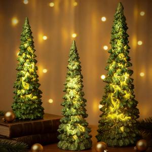 Flutesan 3 Pcs Green Christmas Tree Figurines with Lights 11" /9" Tabletop Glittered Resin Village Pine Figurine Light Up Battery Operated Centerpieces Winter Holiday Decor for Table Mantel Home