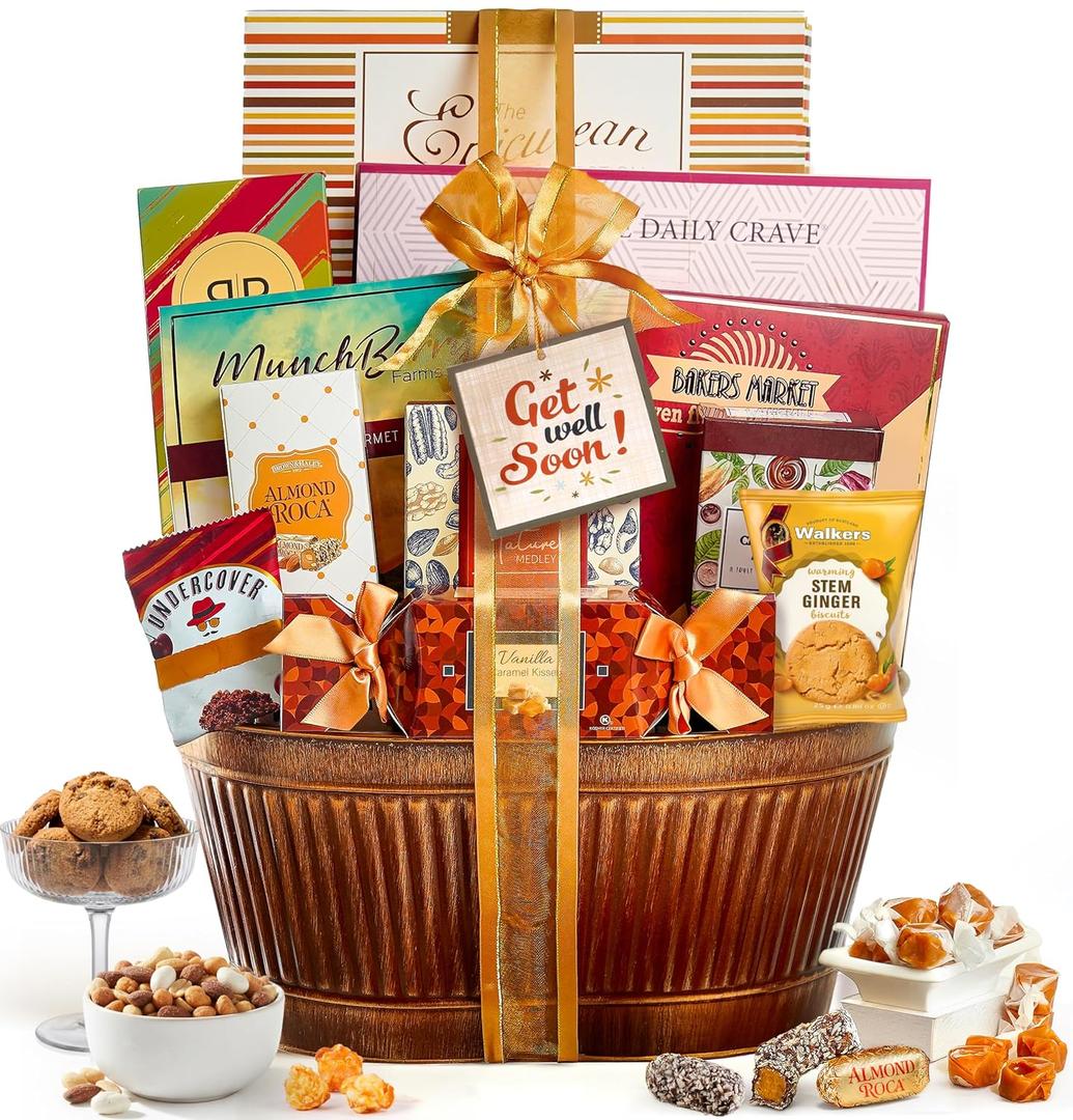 Broadway Basketeers Get Well Basket Gourmet Care Package with Snacks & Treats - Get Well Soon Gift Baskets for Women, Men After Surgery - Feel Better Best Food Gifts to Send, No BB