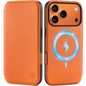 SHIELDON Slim Wallet Case for iPhone 17 Pro 6.3" 2025 | Genuine Leather, Wireless Charging, Folio Magnetic Closure, RFID Blocking Credit Card Holder, Shockproof Phone Cover - Orange