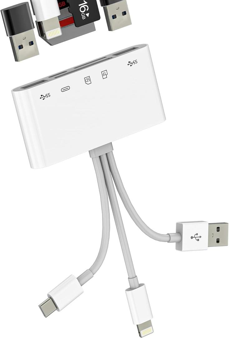 SD Card Reader for Iphone 17 16 15 14 Pro Max USB C Lightning Adapter (5in3) Digital Camera Micro SD Memory Stick Accessories Hub Dual Plug Dongle TF Slot for Apple Charger Adaptor Macbook PC for Ipad