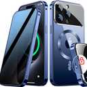 [Full Camera Protection& Mechanical Lock Magnetic Privacy Case for iPhone 15 Pro Max[Compatible with MagSafe] [CD Metal Ring] Full Body Metal Bumper, 9H Anti Peeping Glass Cover-Blue