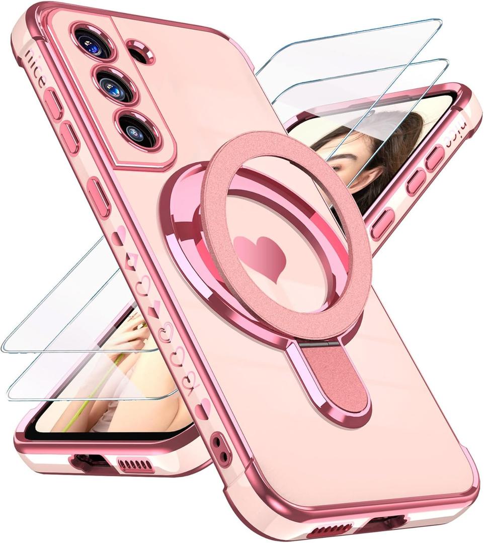 for Samsung Galaxy S21 Love Heart Kickstand Case with 2X Screen Protector: Luxury Plated Gold Edge Slim Soft TPU Shockproof Protection Case Cover for Galaxy S21 (Pink)