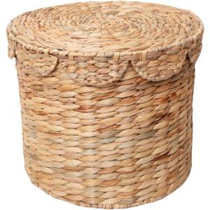 Vintage Woven Storage Basket with Scalloped Lid - Handwoven Water Hyacinth Laundry Hamper for Clothes, Blankets, Toys Organizing - Natural Wicker Basket with Lid (Large Round)