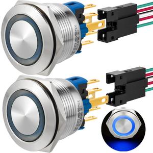 2Pcs Latching Push Button Switch 22mm 7/8" 110V-120V SPDT On Off Switch Waterproof IP67 Stainless Steel 304 with Wire UL Certification (Blue, Latching,110V)