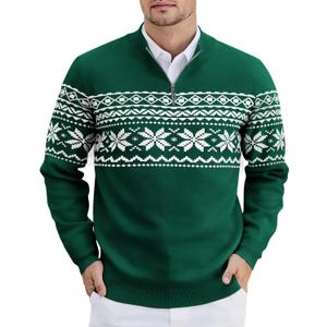 COOFANDY Mens Quarter Zip Pullover Slim Fit Lightweight Knit Pullover Sweaters Casual Polo Sweater (Small, Christmas Green & White)