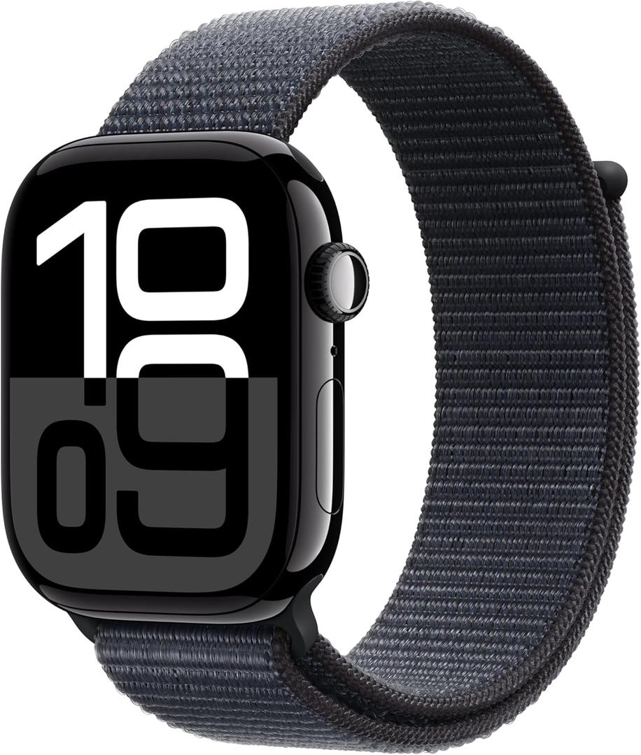 Apple Watch Series 10 [GPS 46mm case] Smartwatch with Jet Black Aluminum Case with Ink Sport Loop. Fitness Tracker, ECG App, Always-On Retina Display, Carbon Neutral (46mm case + Medium/Large band)