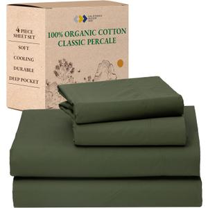 California Design Den Queen Sheets Set - Soft 100% Organic Sheets with Deep Pockets, Crisp Percale, Breathable and Durable Bedding Set - Olive Green