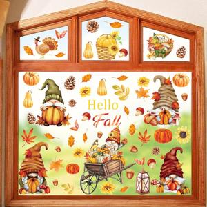 Aurlan Hello Fall Gnomes Window Clings,Thanksgiving Window Clings,Autumn Pumpkin Wall Stickers,Maple Leaves Wall Decals,Fall Leaves Decals,Thanksgiving Turkey Stickers for Room Home Kitchen Office (Colorful)