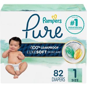 Pampers Pure Baby Diapers, Size 1 (8-14 lbs), 82, Up to 100% Leakproof, Premium Hypoallergenic Soft Diapers