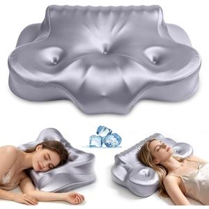 Cervical Pillow for Sleeping, Contoured Memory Foam Pillow for Neck Support, Ergonomic Pillow for Side, Back and Stomach Sleepers, Dual-Height Design with Breathable Pillowcase,Grayish Purple, 23.62"Lx15.75"Wx"4.72"/5.51"H