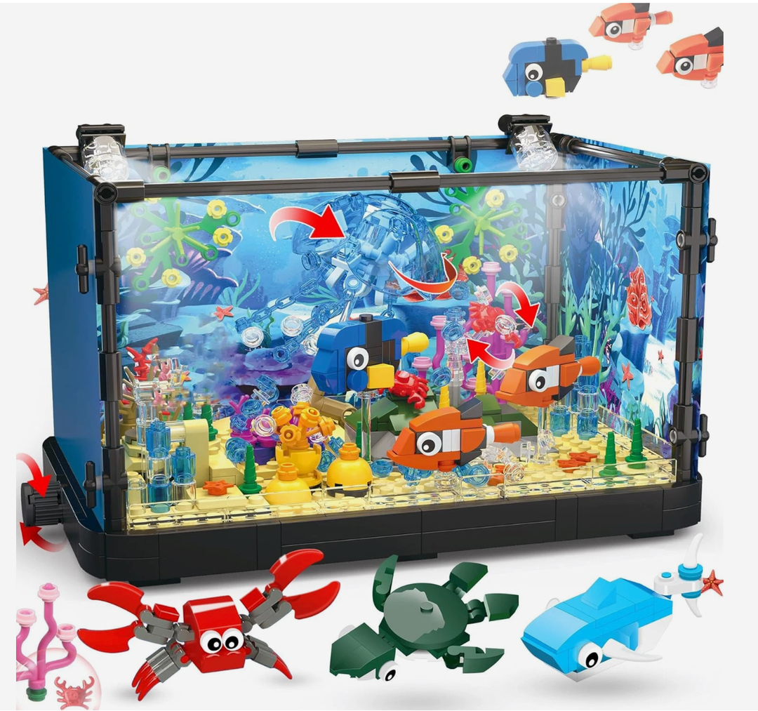 Jorumo Fish Tank Building Block, Lighting Aquarium Building Sets for Adults and Kids Including Ocean Jellyfish, Dolphin, Turtle, Crab, Animal Building Toys for Boys Age 12+, 725pcs