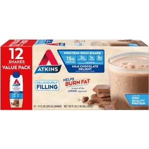 Atkins Milk Chocolate Delight High Protein Shake, 15g Protein, Low Glycemic , 2g Net Carb, 1g Sugar, Keto Friendly , Chocolate Flavored Protein Shakes, 12 Count (EXP 07/01/26)
