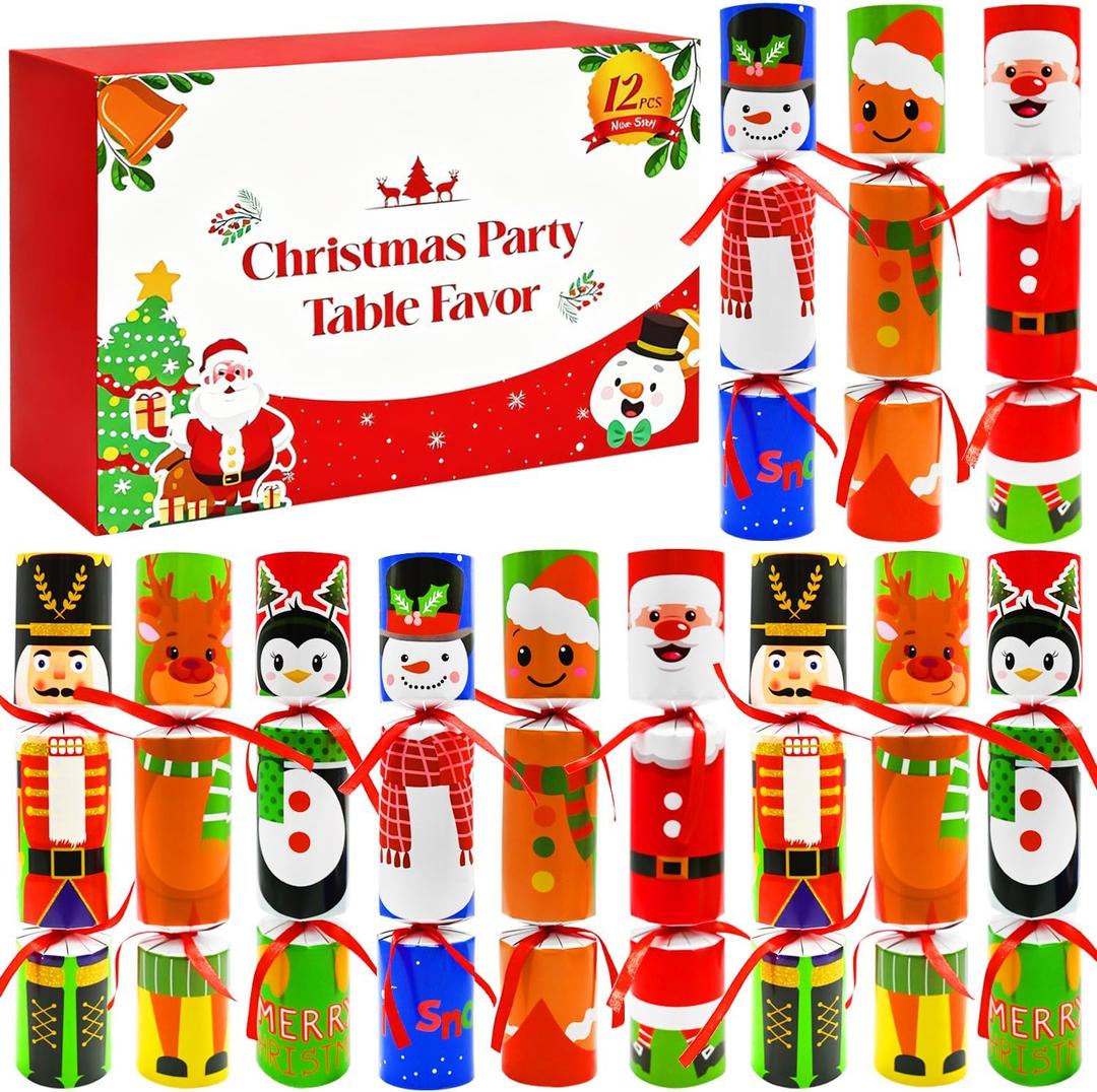 WODMAZ 12 Pack Christmas Non-Snap Party Favors, Christmas Crackers Poppers with Party Hat, Joke & Gift Inside for Xmas Gifts Holiday Party Favors Table Decorations