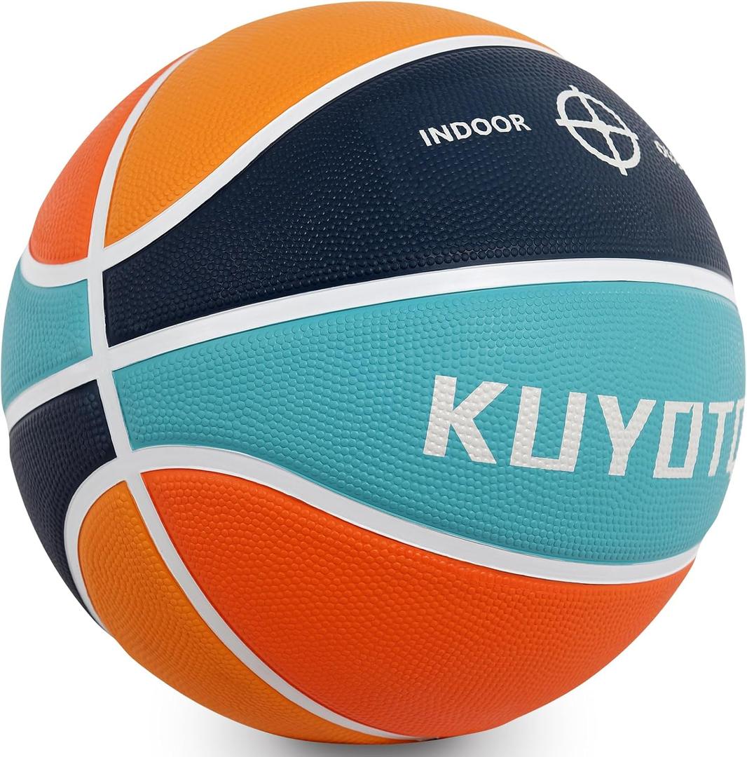 KUYOTQ Kids Youth Adult Size 3/4/5/6/7 (22/25.5/27.5/28.5/29.5") Basketball Premium Rubber or Faux Leather Basketball Indoor Outdoor Basketball for Boys Girls Womens Mens Basketball Gifts (Deflated) (Blue-Teal-Orange Thickened Rubber)
