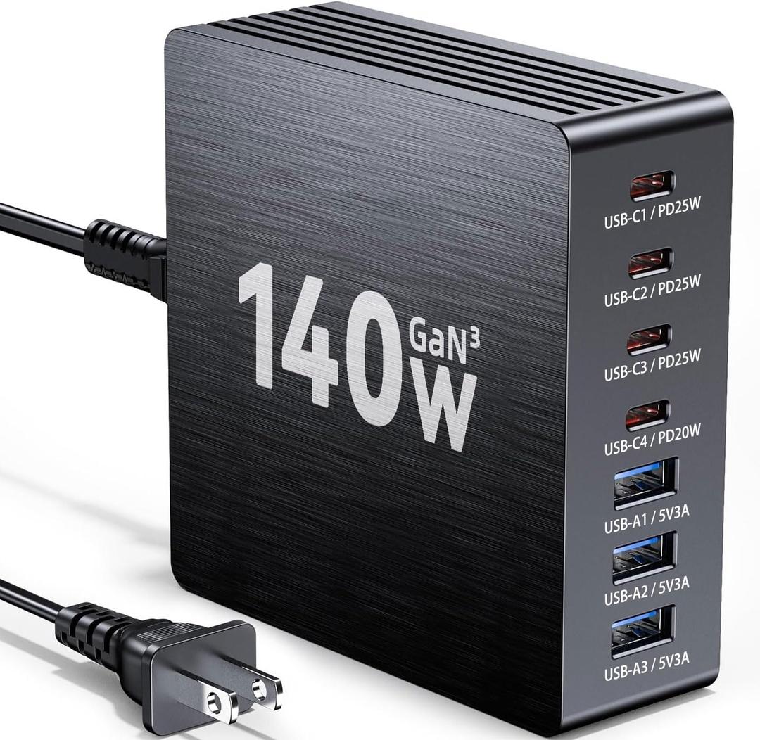 USB C Charging Station, 140W GaN III 7 Port Fast Charger Station, PD 3.0 USB Charging Station for Multiple Devices, Multiple USB C Charger Station for iPad iPhone Samsung Android (Pack of 1, Black)