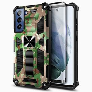 NZND Case for Samsung Galaxy S21 FE with Tempered Glass Screen Protector (Maximum Coverage), Full-Body Protective [Military-Grade], Built-in Kickstand, Heavy-Duty Case (Camo)