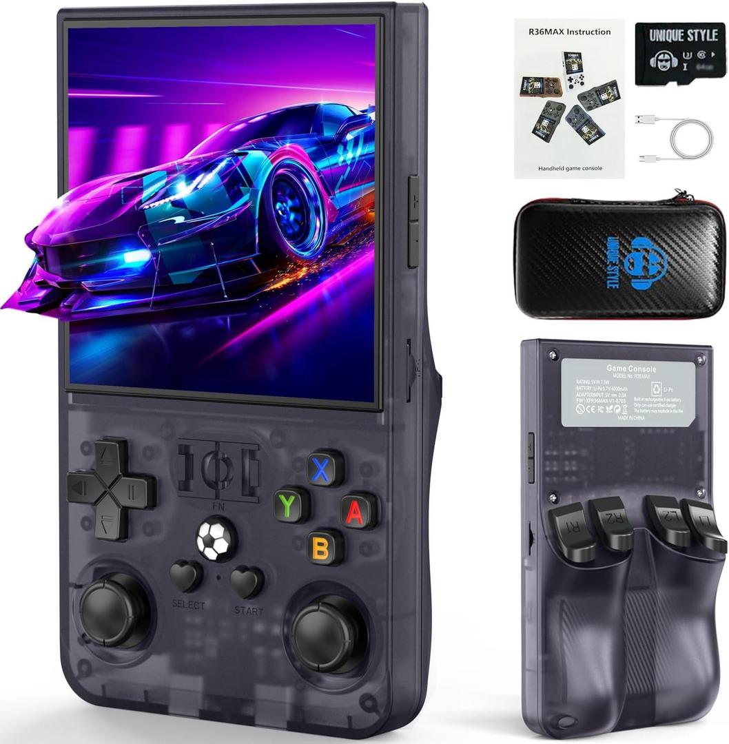 R36MAX Retro Handheld Game Console, 4.0 Inch IPS HD Screen Portable Retro Gaming Console, 1.5GHz CPU Support 30+ Emulator Console Video Game Console, 4000mAh Battery (64GB Translucent Grey)