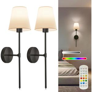 Wall sconces Set of Two Battery Operated  Rechargeable Wireless Wall Lights with Remote, 15 Colors & Dimmable Detachable Bulbs, Black Wall Lamps for Bedroom, Living Room, Hallway, and Home Decor