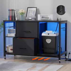 Lateral File Cabinet 2 Drawer with LED Light and Outlet, Rolling Filing Cabinets for Home Office, Mobile Shredder Printer Stand with Storage, Office Furniture for Letter Legal Size, Black