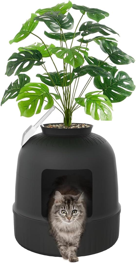 Lifewit Cat Litter Box, Hidden Enclosure Litter Tray with Odor Control & Carbon Filter in Living Room, Bedroom, Corner with Faux Plant& Plastic Scoop, 48 x 120 cm/19x47, Black