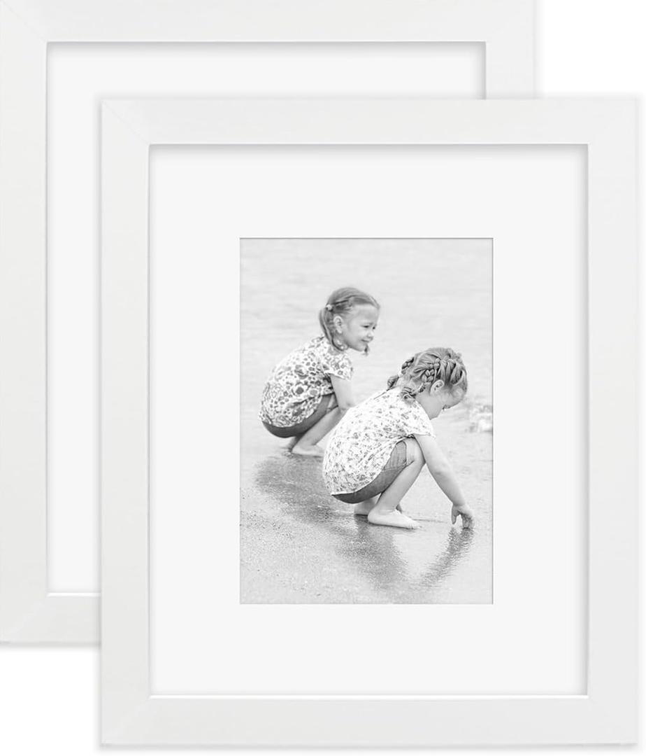 8x10 Wooden Picture Frame Set of 2, Holds 5x7 Photos with Mat or 8x10 without Mat, Real HD Glass for Tabletop or Wall Mount, Picture Frames Collage Wall Dcor, White