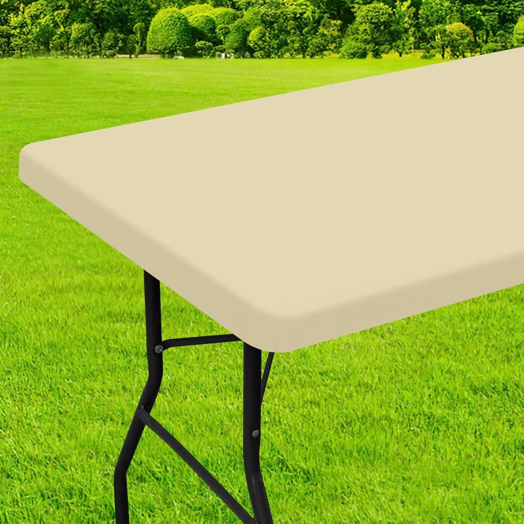 Homing Rectangle Table Cloth Cover, Waterproof Polyester Elastic Fitted Tablecloth, Fits for 8 Foot Folding Tables, Washable Table Protector for Picnic, Camping, Outdoor (Champagne, 30" x 96")