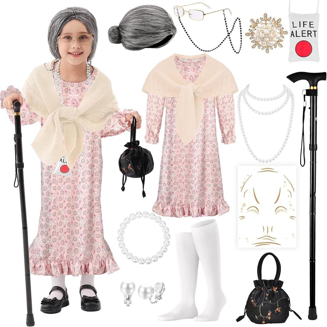 100 Days of School Old Lady Costume Set Grandma Dress Up Cosplay Accessories for Girls 13PCS (L8-10y, Apricot)