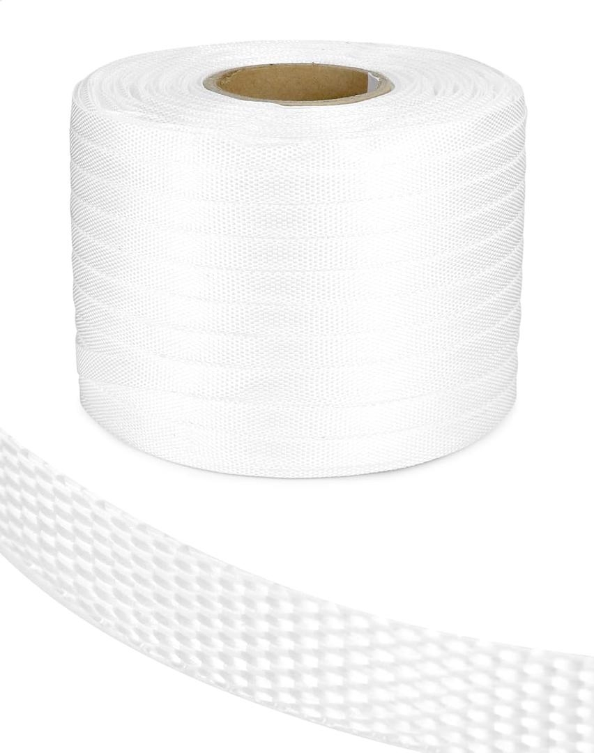QWORK 1/2" x 1500' Woven Cord Strapping Roll, Heavy Duty Polyethylene Braided Rope Strap Roll, 1300 lb Strong Break Strength 6" x 3" Core, Strength and Flexibility Poly Cord Strapping, White