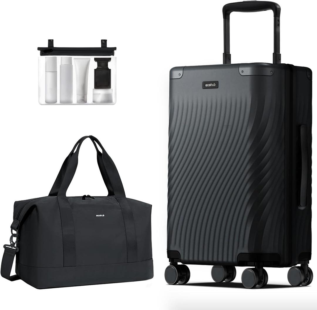 ECOHUB Hardside Expandable Carry On Luggage, 20" Rolling Luggage 22x14x9 Airline Approved with Spinner Wheels & TSA Lock, Lightweight Small Hardshell Travel Suitcase Valises, 20inch Carry-on Black, 20 inch + Duffel