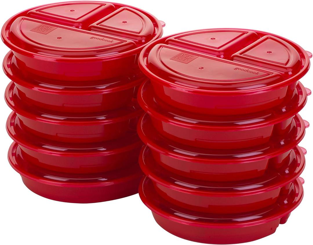 GoodCook BPA Free Meal Prep Round 3-Comparment Container, Set of 10  Microwave & Dishwasher-Safe Food Organizers, Food Storage Set with Snap Shut Lids, Meal Prep Kitchen Containers (Red)