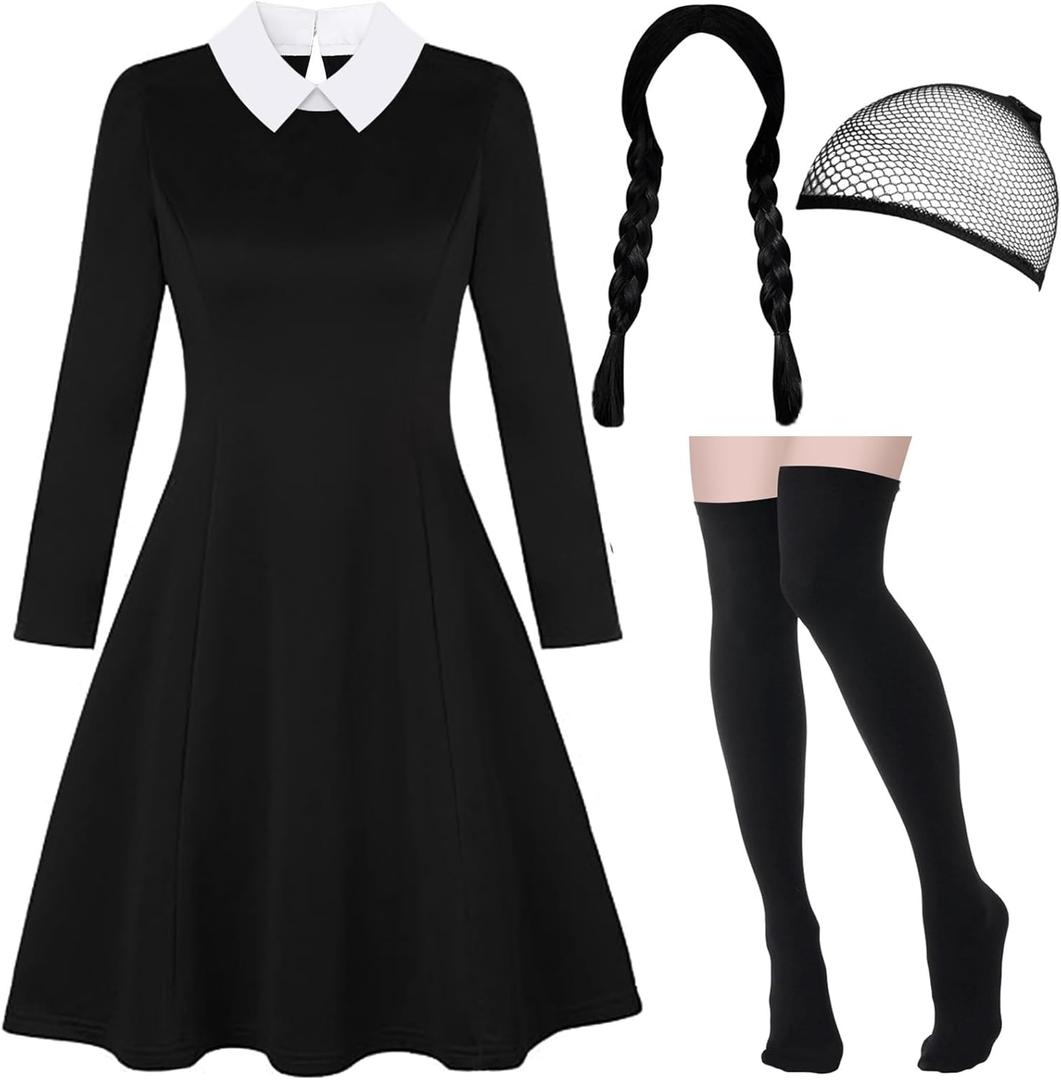 Women Halloween Costumes Adult, Long Sleeve White Collar Black Gothic Dress for Women, Halloween Costumes for Woman (X-Large)