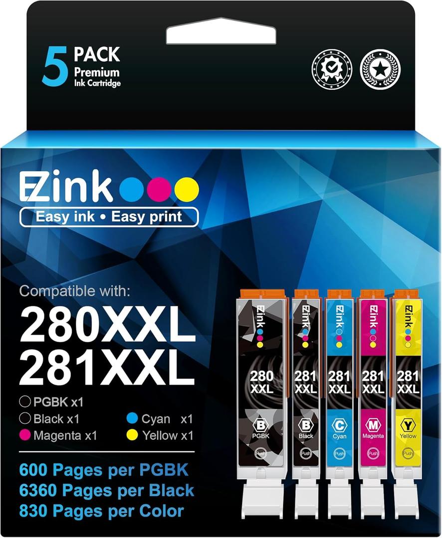 E-Z Ink Compatible Tr8620a Ink Cartridge Replacement for Canon PGI-280XXL CLI-281XXL 280 XXL 281 XXL Compatible with TR8520 TR8620a TR8620 TS702a TS9520 TS9521C TR8520 TS6220 TS6320 TS8220 (5 Pack)