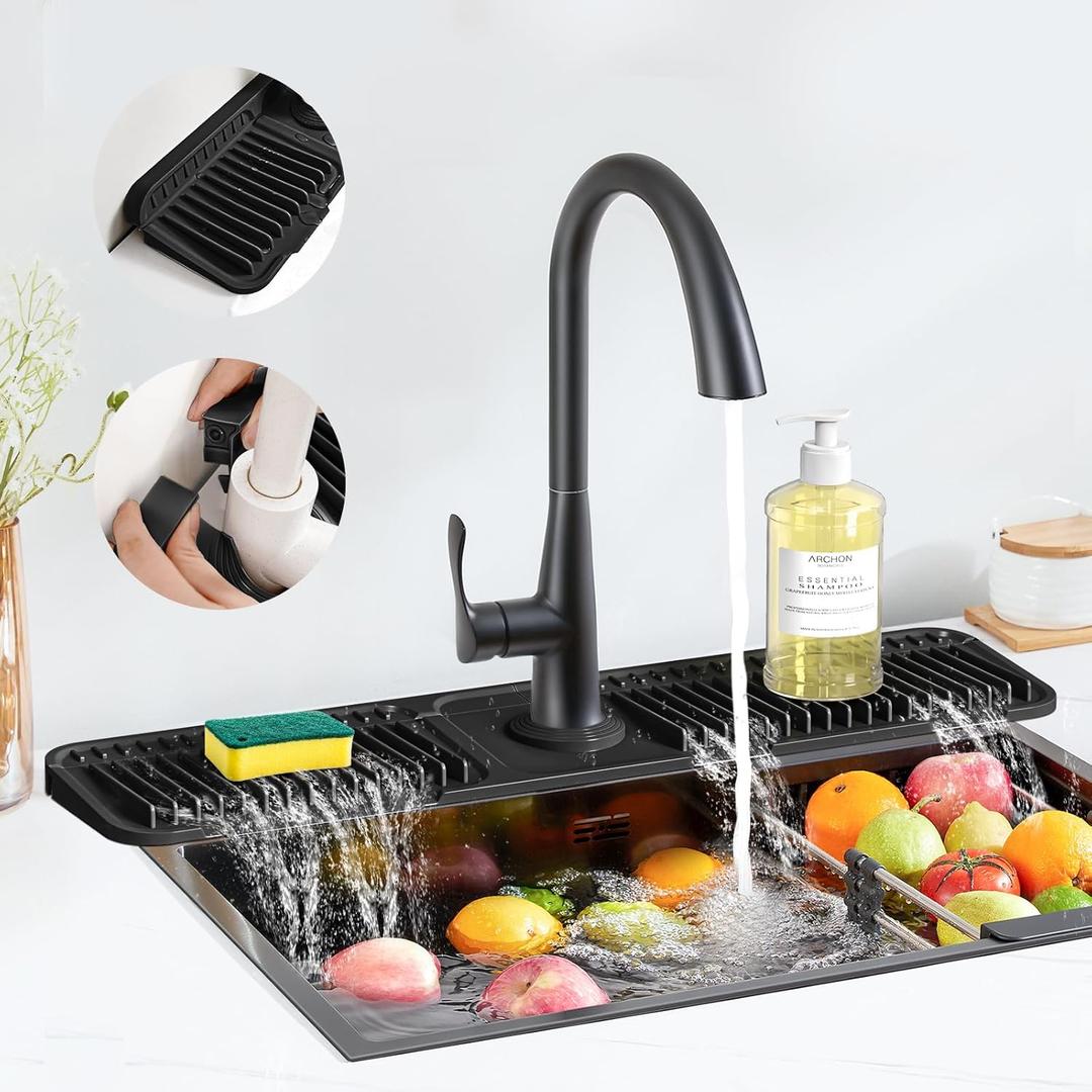 PoYang 24 inch Faucet Mat for Kitchen Sink Splash Guard, 7 Slope Silicone Sink Water Splash Guard for Kitchen Sink Area with Snap Button, Longer Sink Protectors for kitchen Sink Sponge Holder, Black (23.8" x 5.5")