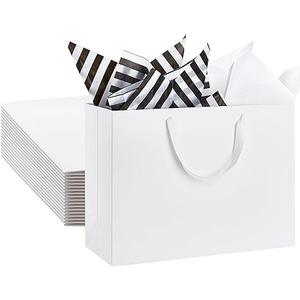 Ohuimrt 12 Pack 16" Extra Large Gift Bags with Tissue Paper, White Kraft Paper Gift Bags with Ribbon Handles for Holiday Shopping Retail Merchandise Business, 16 x 6 x 12 Inches