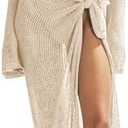 LANNEW Women's Swimsuits Cover Ups Set for Crochet Bathing Suit Hollow Out 2 Piece Bikini Coverup Beach Swimwear, (Small, Beige-1)