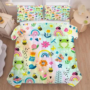 Rainbow Comforter Sets Twin Size Cartoon Floral Frogs Bedding Set for Girls Kids Children Boys Butterfly Flowers Bees Insects Cute Kawaii Quilt 1 Comforter + 1 Pillow Case