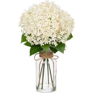 Artificial Hydrangea Flowers in Glass Vase with Faux Water, 13.8" Fake Cream Hydrangeas Arrangement Centerpiece for Home Caf Kitchen Bathroom Decoration (White)
