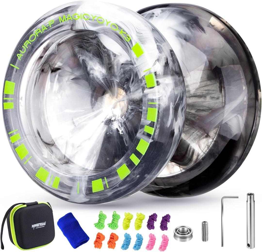 MAGICYOYO K3 Aurora-p Yoyo for Kids 8-12, Responsive Yo-yo for Beginner, Professional Trick Yo Yo with Extra Unresponsive Bearing for Adults, 12 Yoyos Stings, Bearing Removal Tool ,Case (Black White)