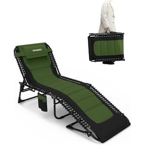 WKFAMOUT Outdoor Folding Lounge Chair Padded for Adults 264Ibs Patio Chaise Lounge Chair for Outside 5-Position Adjustable Reclining Beach Chair with Pillow Pocket