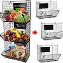 3-Tier XL Wall Hanging Fruit Baskets for Kitchen Organizing Fruits and Vegetables, Heavy-Duty Wall Basket for Storage with Chalkboards & S-Hooks, Wire Hanging Fruit Basket for Kitchen & Pantry (Rectangular, Black)