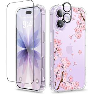 GVIEWIN for iPhone 17 Case, with Screen Protector+Camera Lens Protector, [NonYellowing] Clear Floral Slim Shockproof Protective Hard PC Back Women Phone Case for iPhone 17 6.3", Sakura/Pink