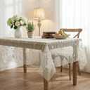 Horaldaily White Gauze Floral Tablecloth 60120 Inch Rectangular, Beige Flower Spring Summer Tulle Table Cover, Garden Party Decor for Wedding, Party, Holiday Dining