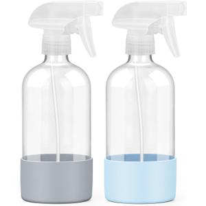 Worldgsb 2 Pack Glass Spray Bottles with Silicone Sleeve, 16 oz Empty Refillable Containers with Adjustable Spray Nozzles, Spray Bottles for Hair, Cleaning Solutions and Plants Blue&Grey