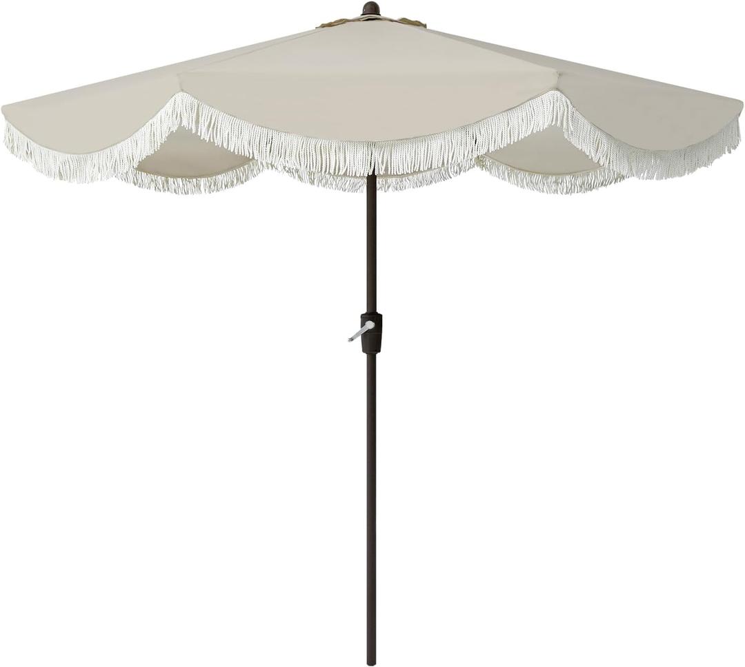 Tempera 9ft Auto Tilt Scalloped Patio Umbrellas with Fringe, Outdoor Table Umbrellas with Fade Resistant Canopy, 8 Sturdy Rids, Luxurious Vintage Umbrellas for Lawn, Pool, Deck, Balcony (Beige White)