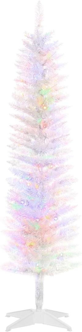 HOMCOM 6ft Tall Pencil Prelit Artificial Christmas Tree Holiday Dcor with 360 Colorful Surface Branches, 200 Colorful LED Lights, White